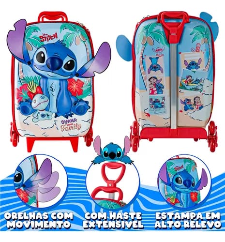 Mochila Infantil Rodinha Stitch 3D 2025 + Lancheira