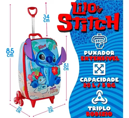 Mochila Infantil Rodinha Stitch 3D 2025 + Lancheira