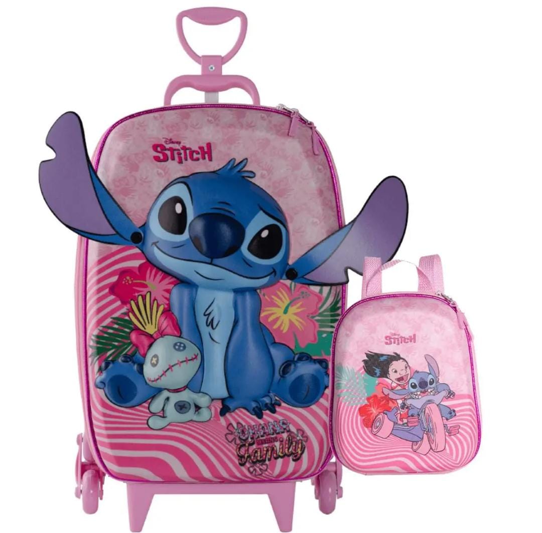 Mochila Infantil Rodinha Stitch 3D 2025 + Lancheira